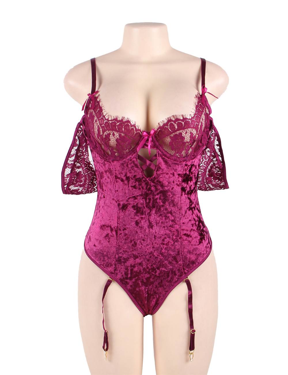 Sheer Lace Off Shoulder Velvet Teddy