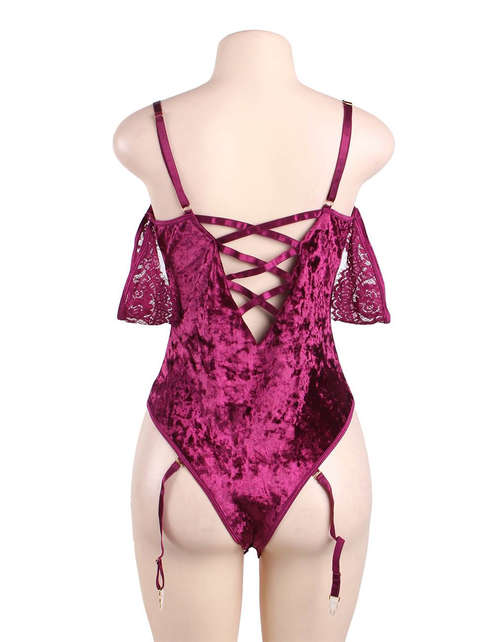 Sheer Lace Off Shoulder Velvet Teddy
