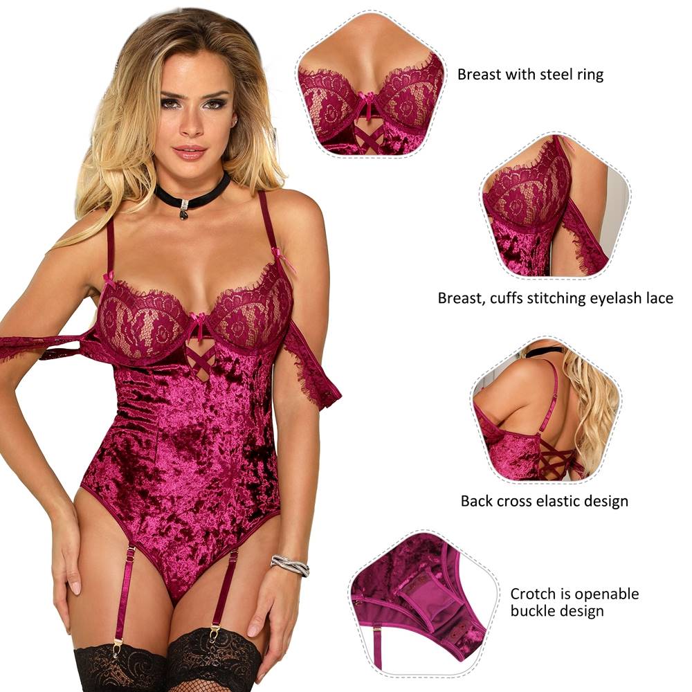Sheer Lace Off Shoulder Velvet Teddy