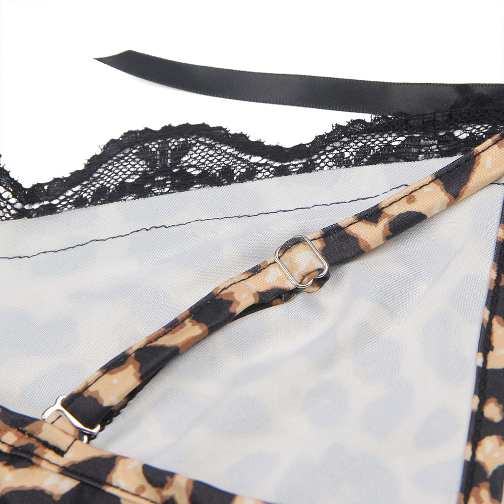 Leopard Print Lace Floral Back Closure with Hook and Eye Sexy Babydoll