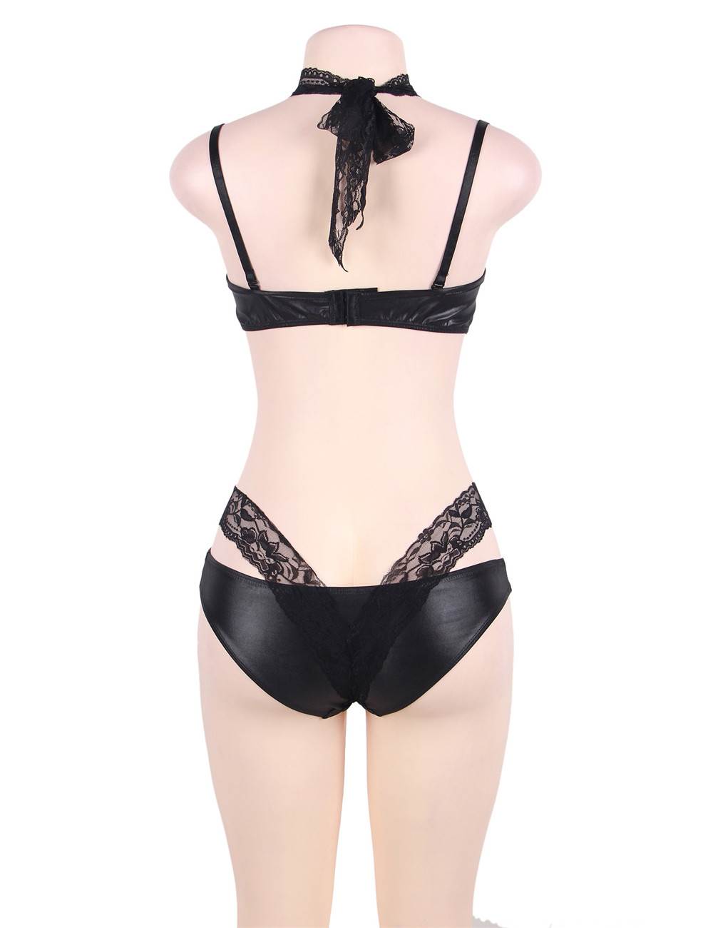 Black High Neck Lace Leather Bra Set