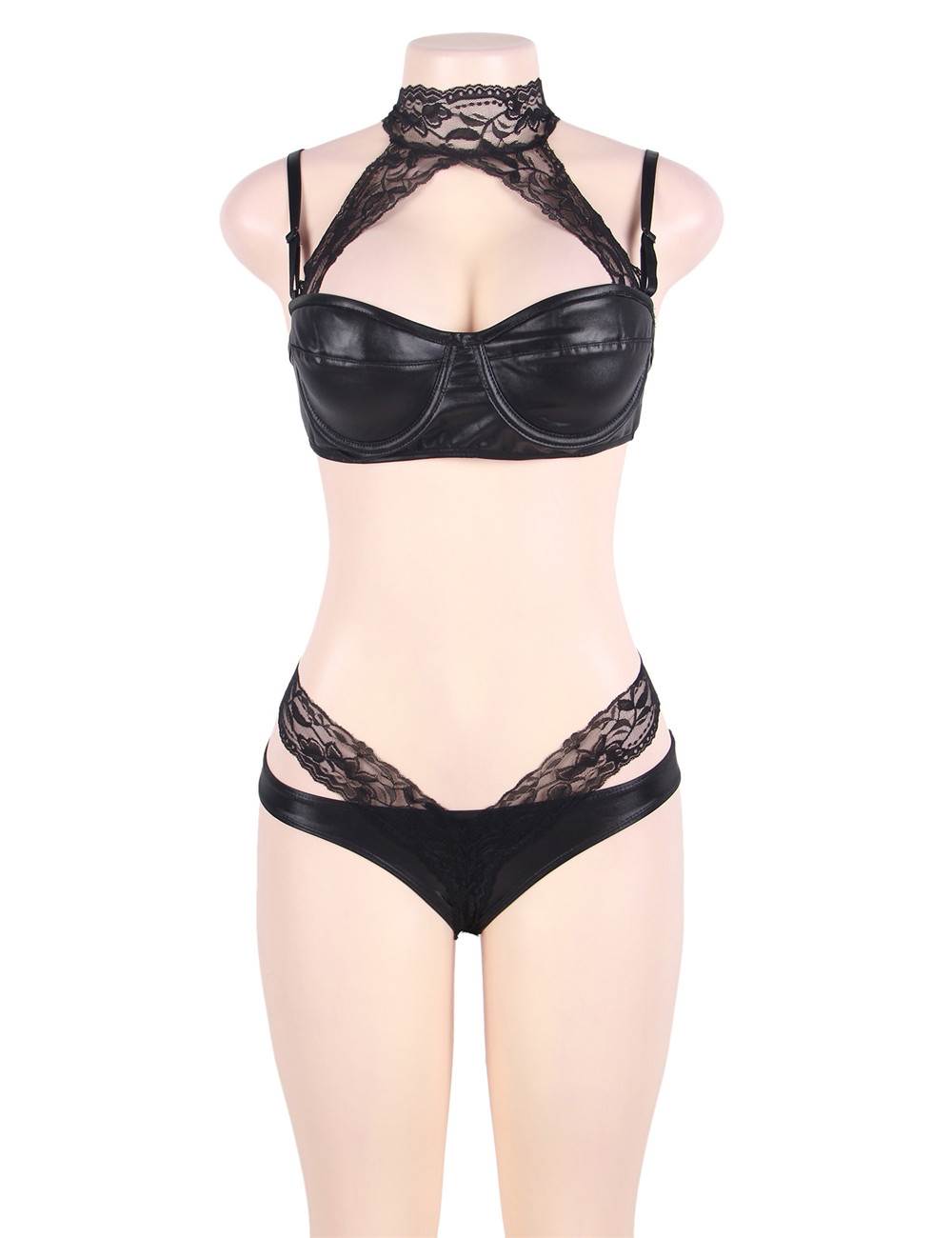 Black High Neck Lace Leather Bra Set