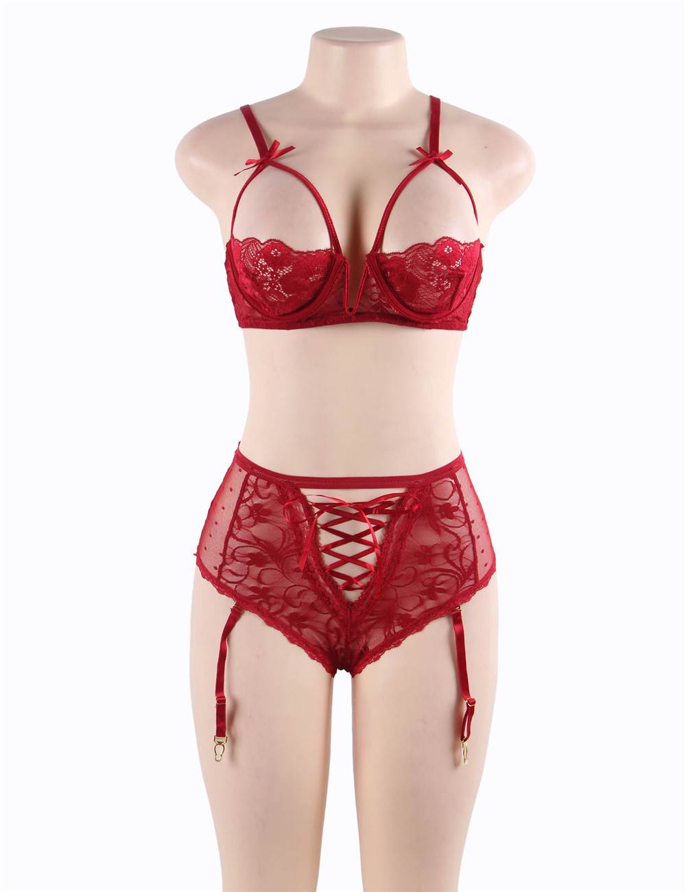 Open Bust Bra and Garter Panty Set with Steel Ring 2 colours Plus Size
