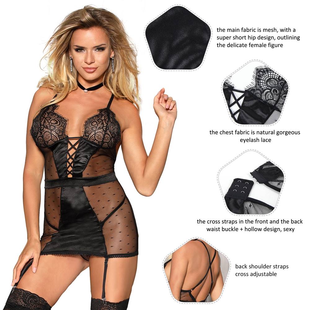 See-through Mesh Garter Lingerie with G String - Plus Size Black