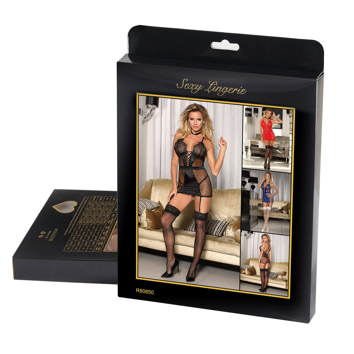 See-through Mesh Garter Lingerie with G String - Plus Size Blue
