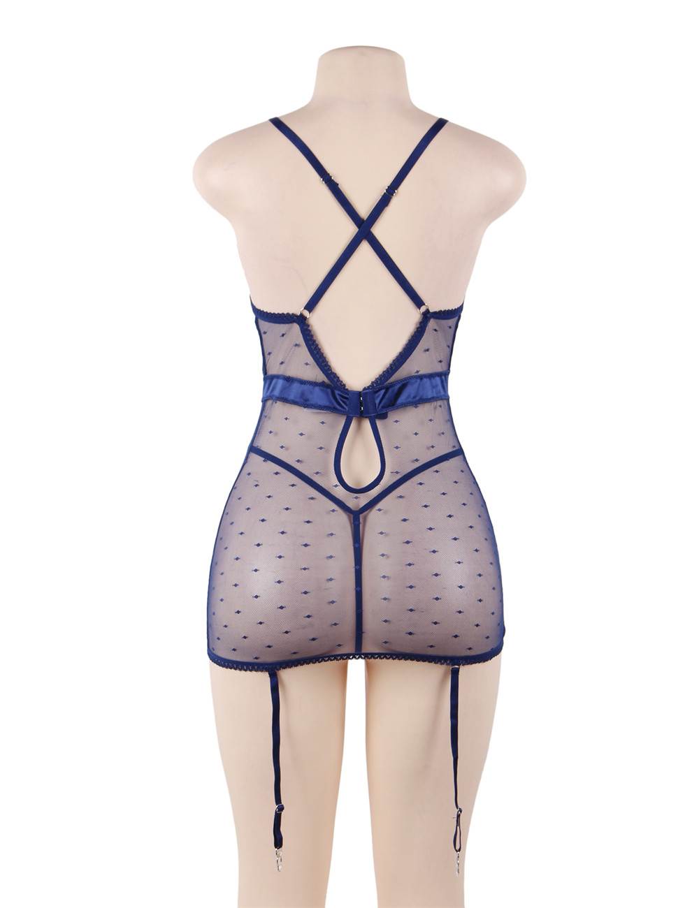 See-through Mesh Garter Lingerie with G String - Plus Size Blue