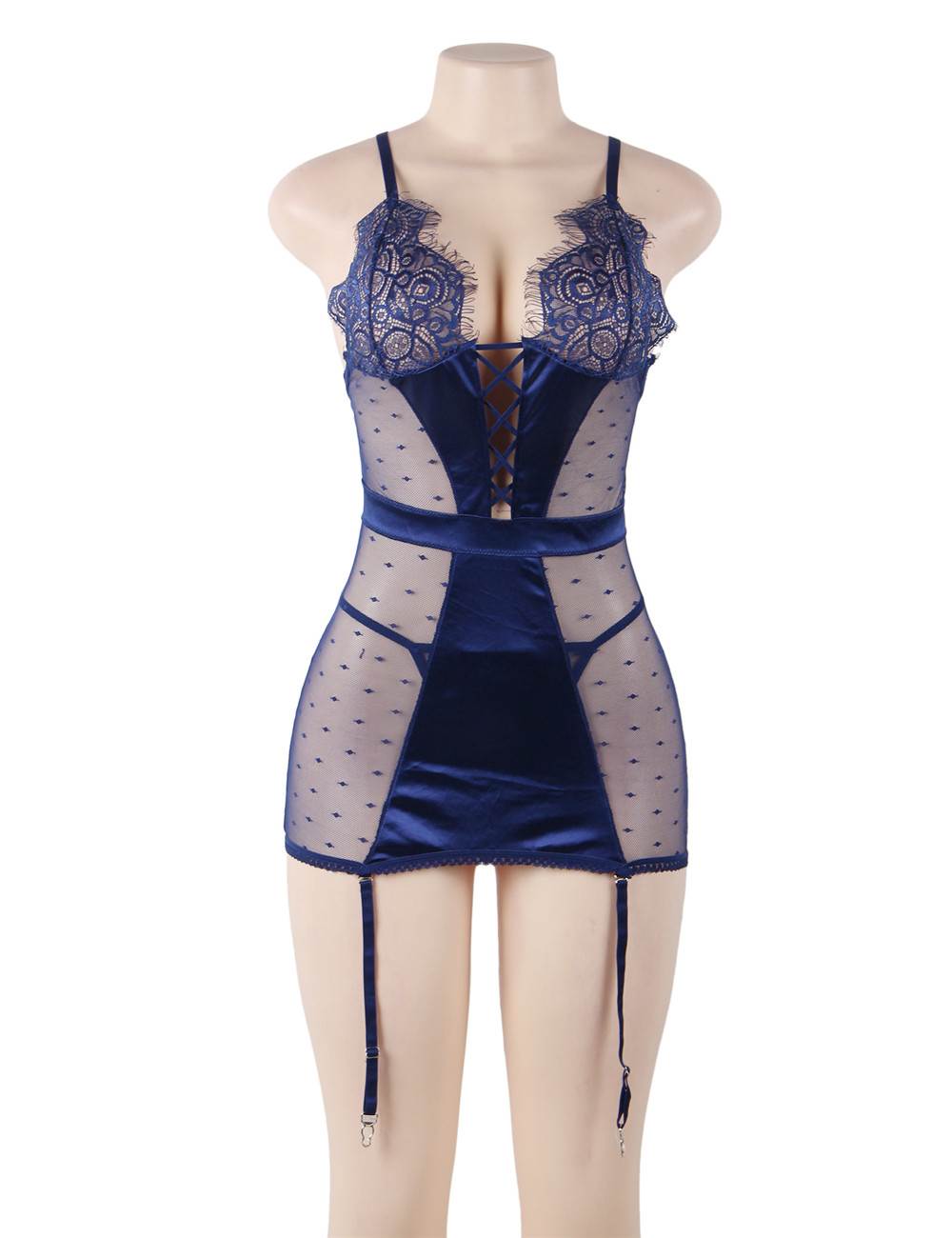 See-through Mesh Garter Lingerie with G String - Plus Size Blue