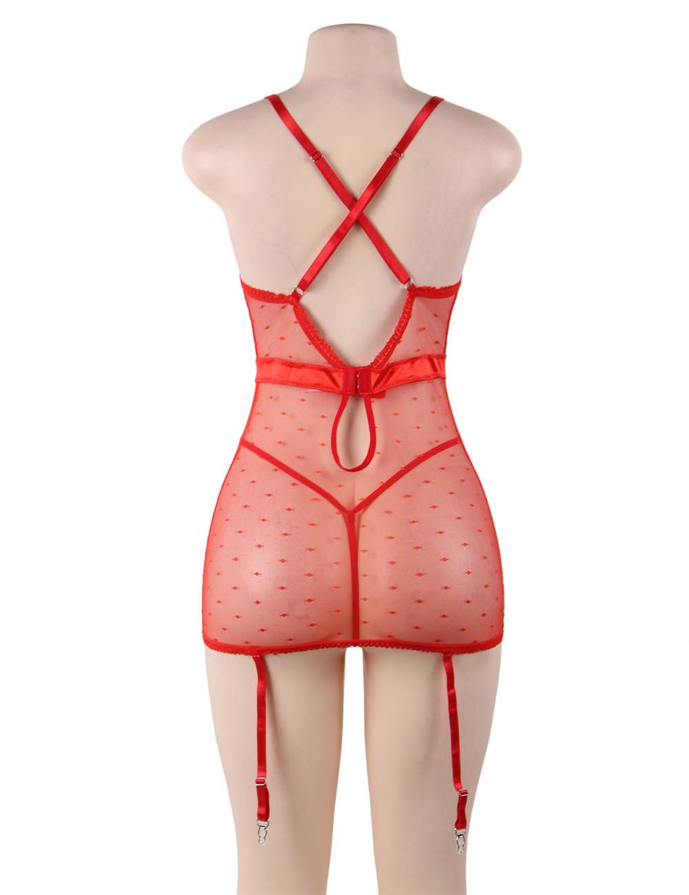 See-through Mesh Garter Lingerie with G String - Plus Size Red