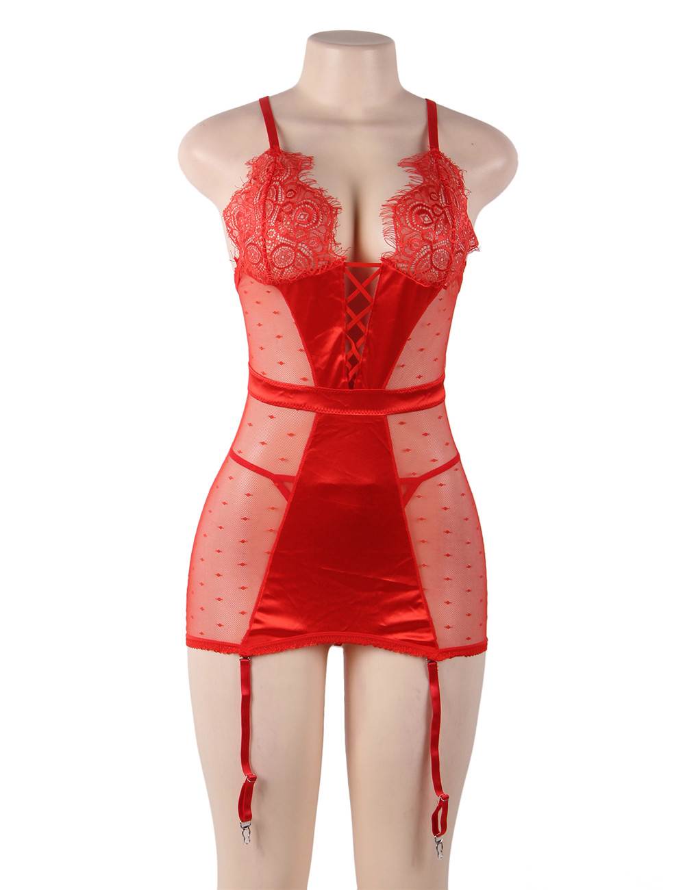 See-through Mesh Garter Lingerie with G String - Plus Size Red