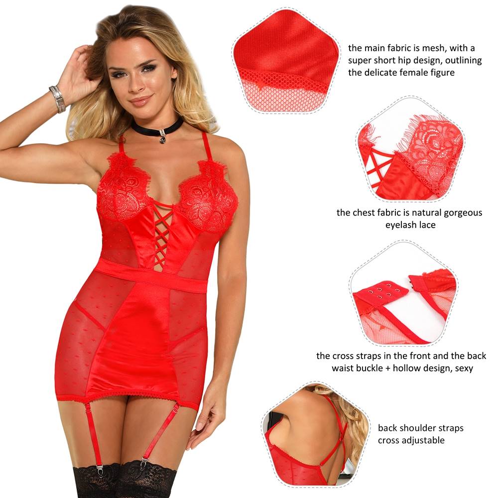See-through Mesh Garter Lingerie with G String - Plus Size Red