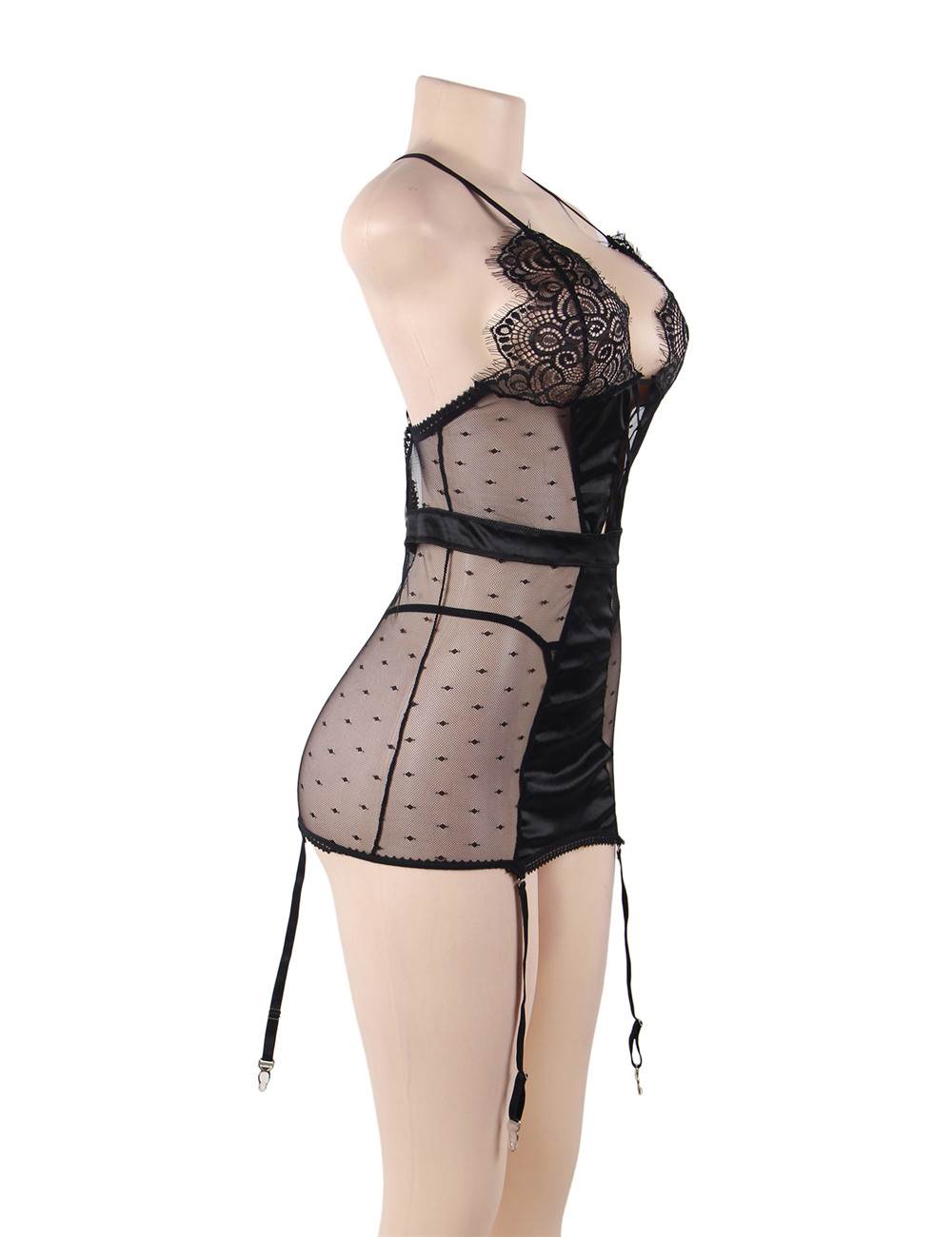 See-through Mesh Garter Lingerie with G String - Black