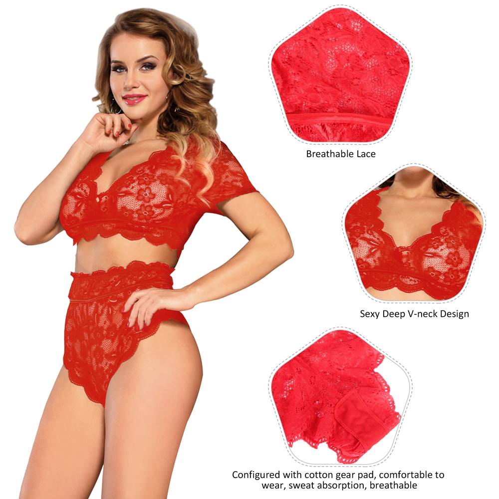 Plus Size High Waist Full Lace Bra Panty Underwear - 6 Colours