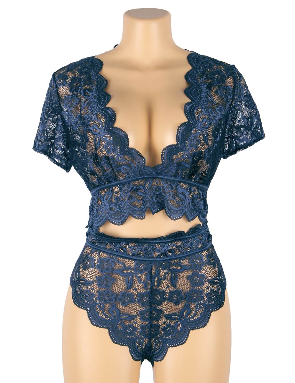 Plus Size High Waist Full Lace Bra Panty Underwear - 6 Colours