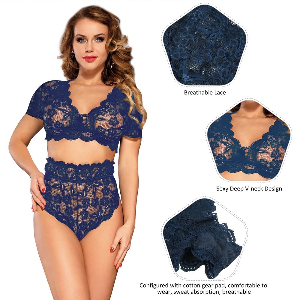 Plus Size High Waist Full Lace Bra Panty Underwear - 6 Colours