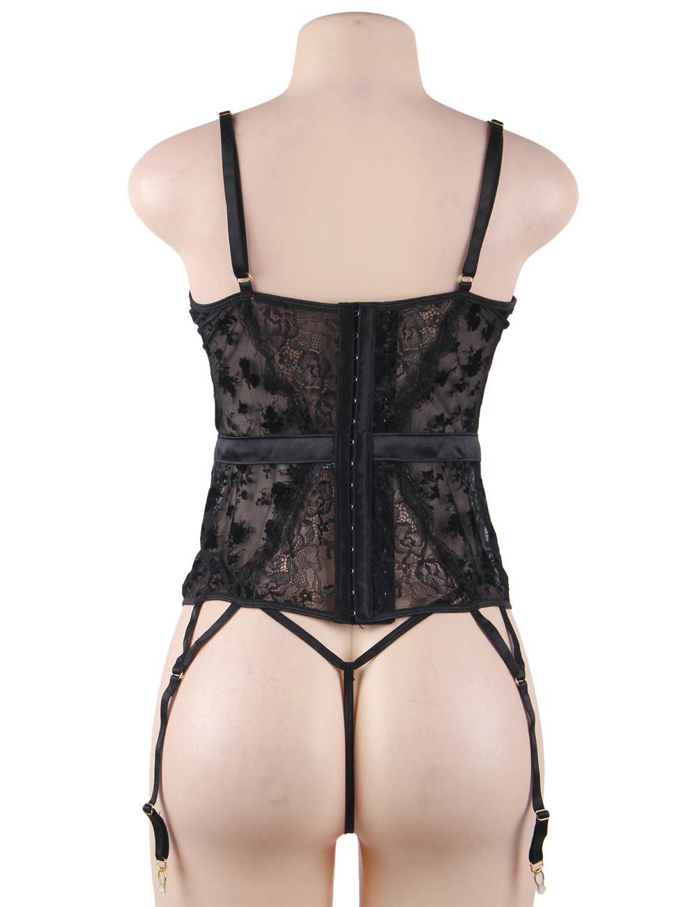 Exquisite Flocking Lace Garter Lingerie with Underwire Plus size