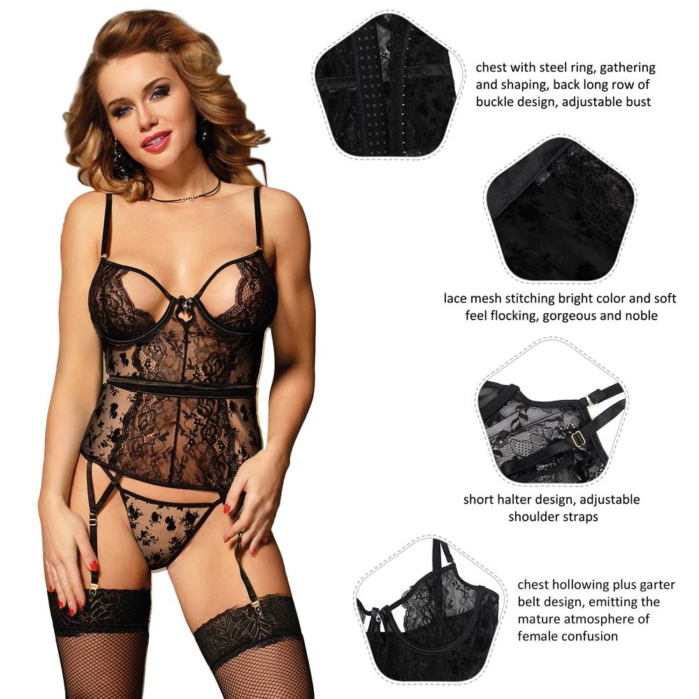 Exquisite Flocking Lace Garter Lingerie with Underwire