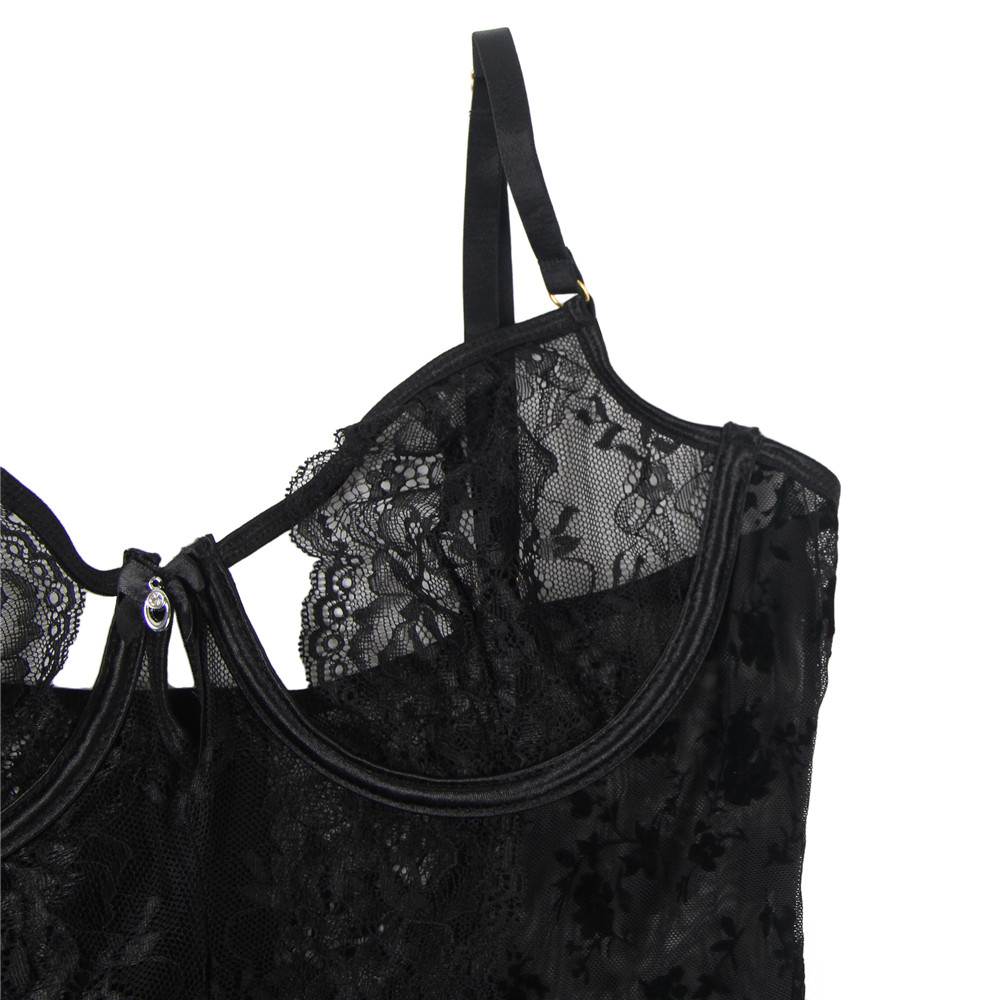Exquisite Flocking Lace Garter Lingerie with Underwire