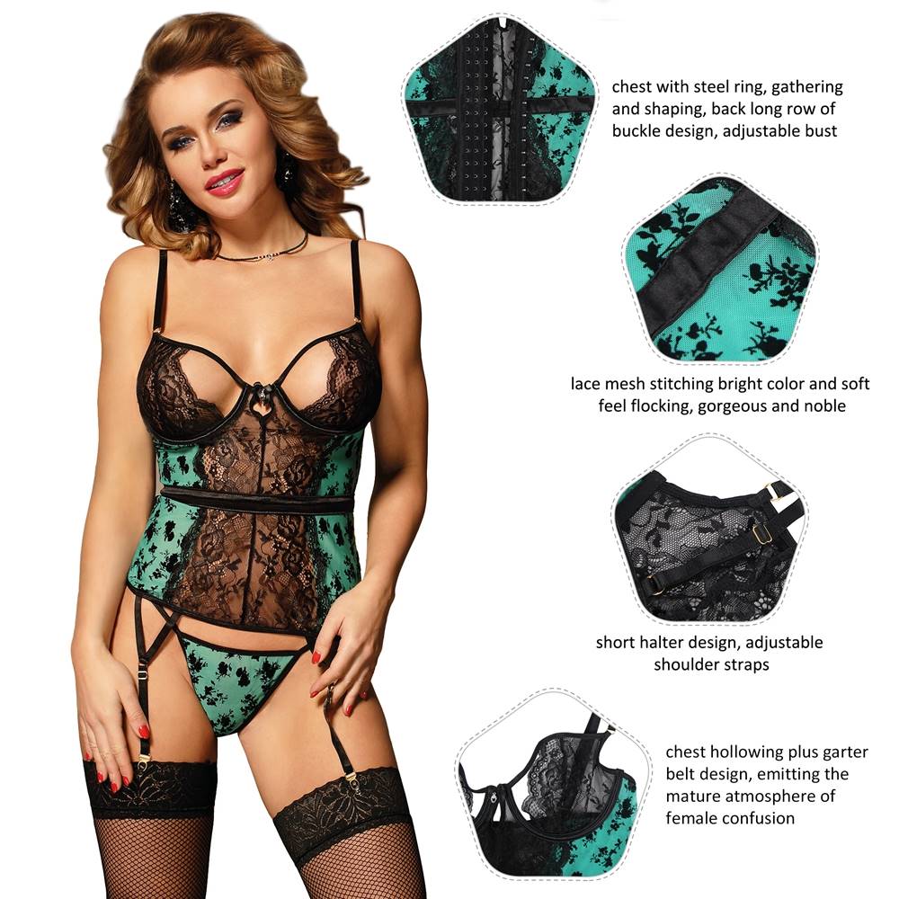 Lace Garter Lingerie with Underwire Plus size Green