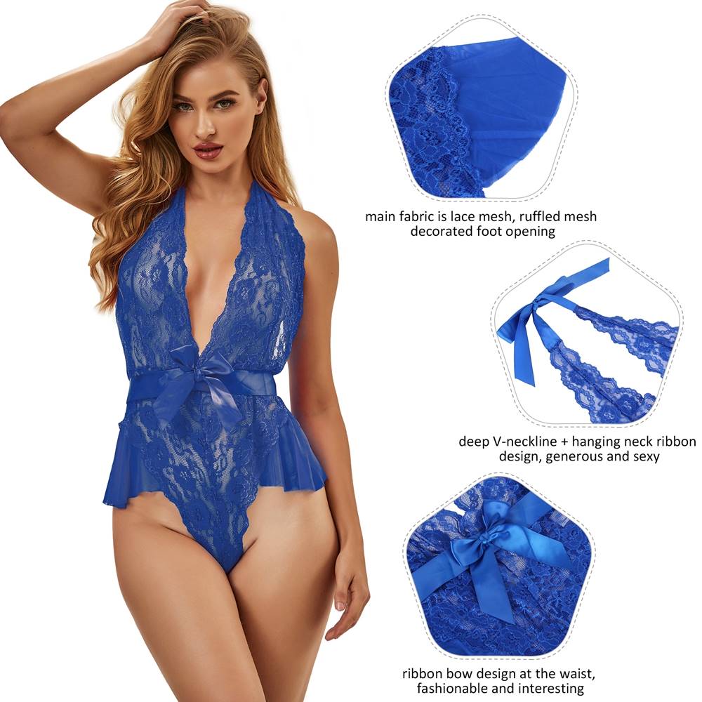 Sexy Red Halter V Neckline Ruffle Teddy with a belt - Blue Plus