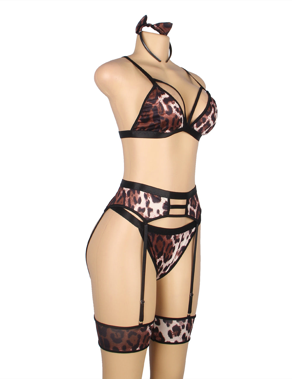 Leopard Print Garter Belt Bra Set with Detachable Leg Ring