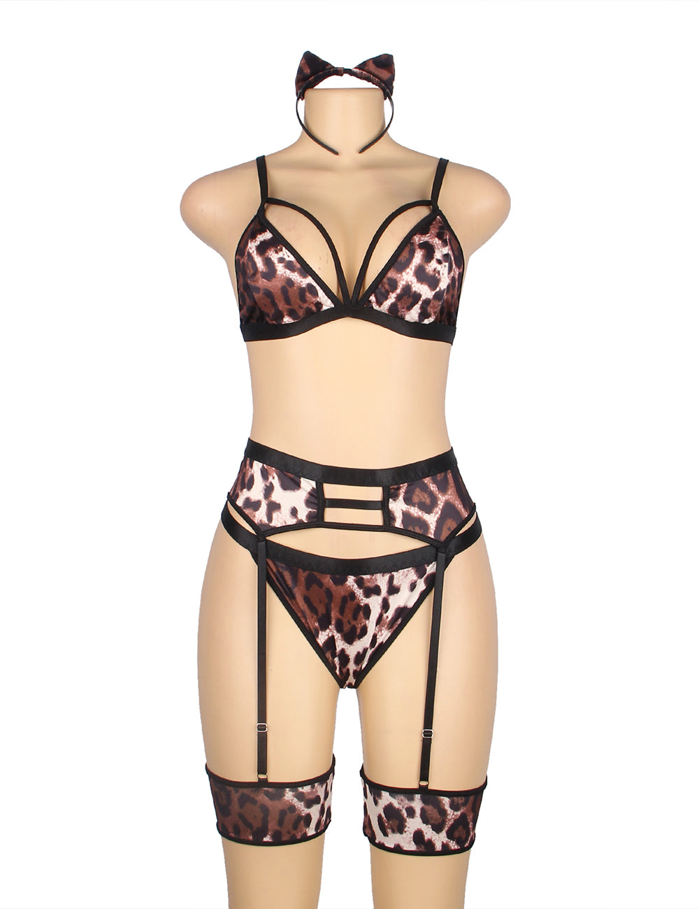 Leopard Print Garter Belt Bra Set with Detachable Leg Ring