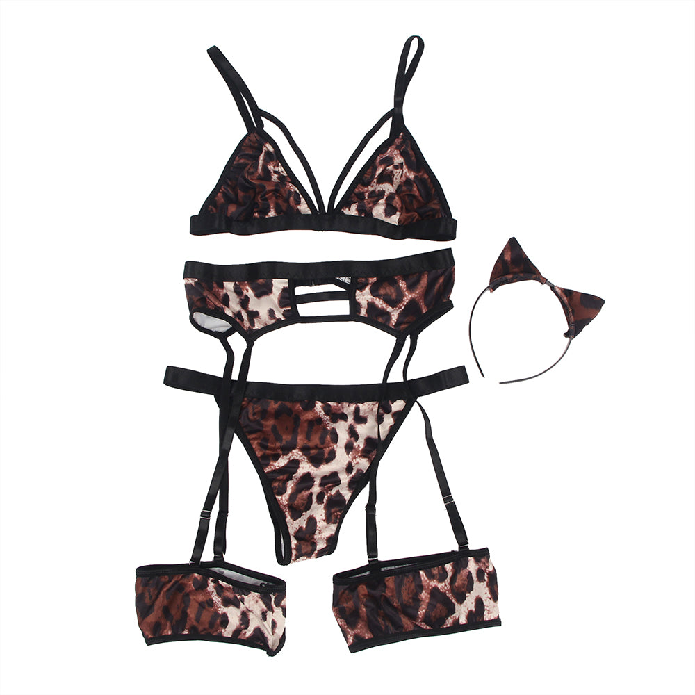 Leopard Print Garter Belt Bra Set with Detachable Leg Ring
