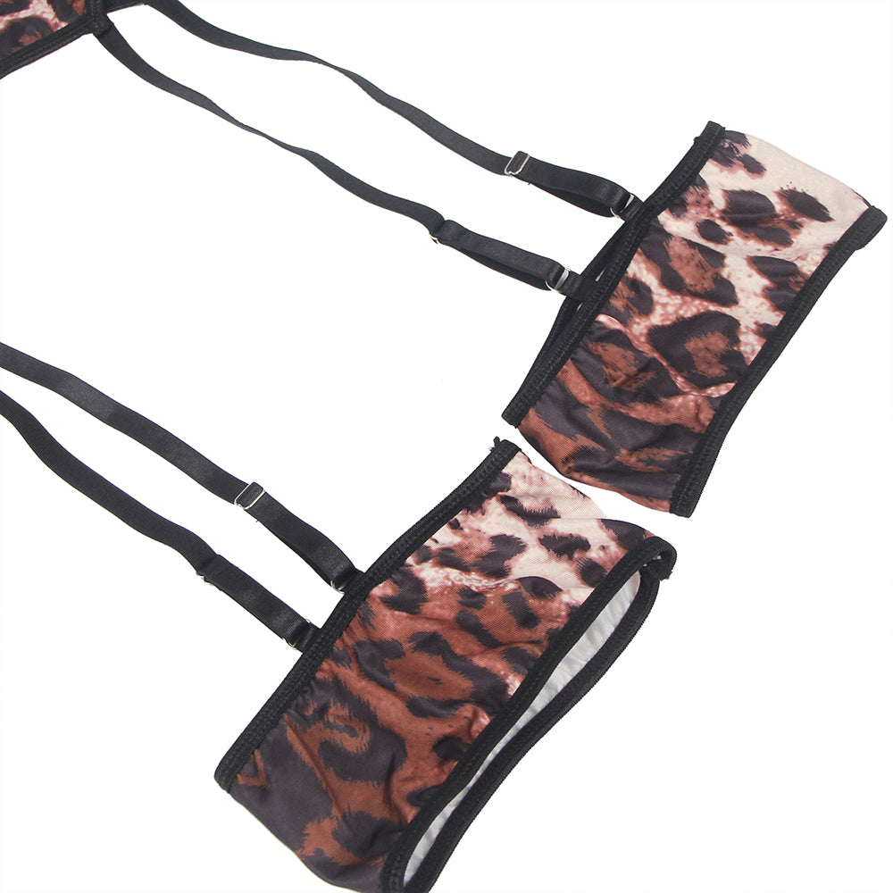 Leopard Print Garter Belt Bra Set with Detachable Leg Ring