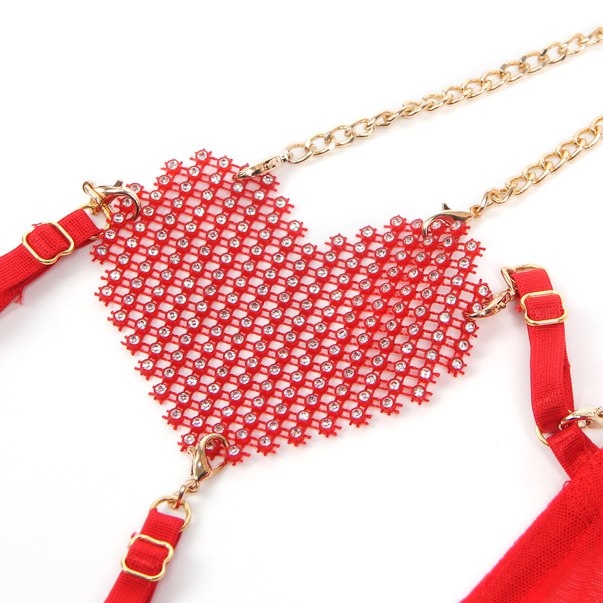 Red Sexy Mesh Heart Chain Bra Set.