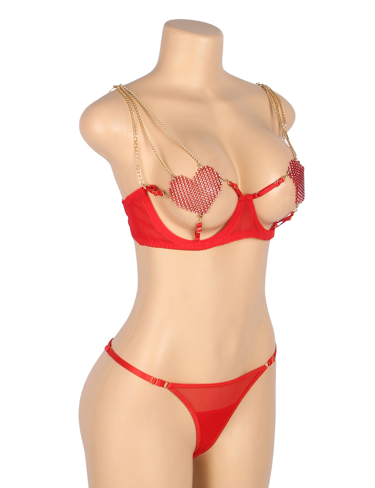 Red Sexy Mesh Heart Chain Bra Set.