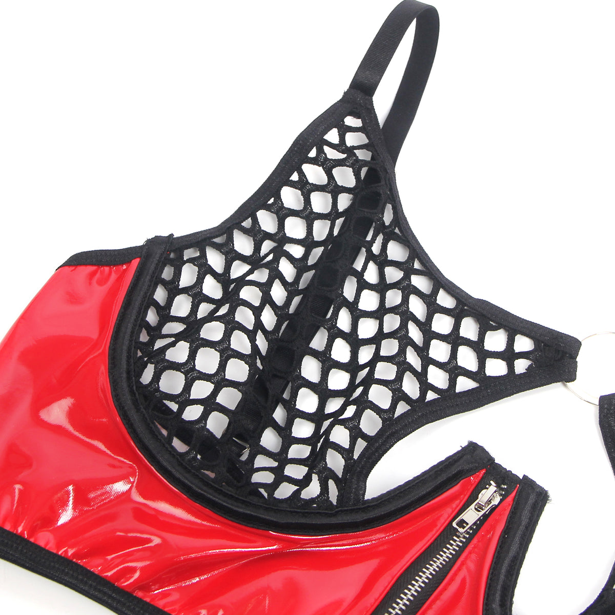 Red Sexy Patent Leather Mesh Zippered Bra Set
