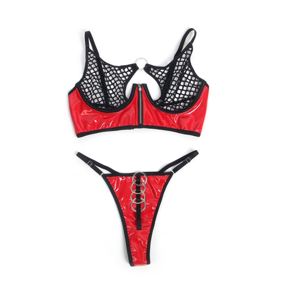 Red Sexy Patent Leather Mesh Zippered Bra Set