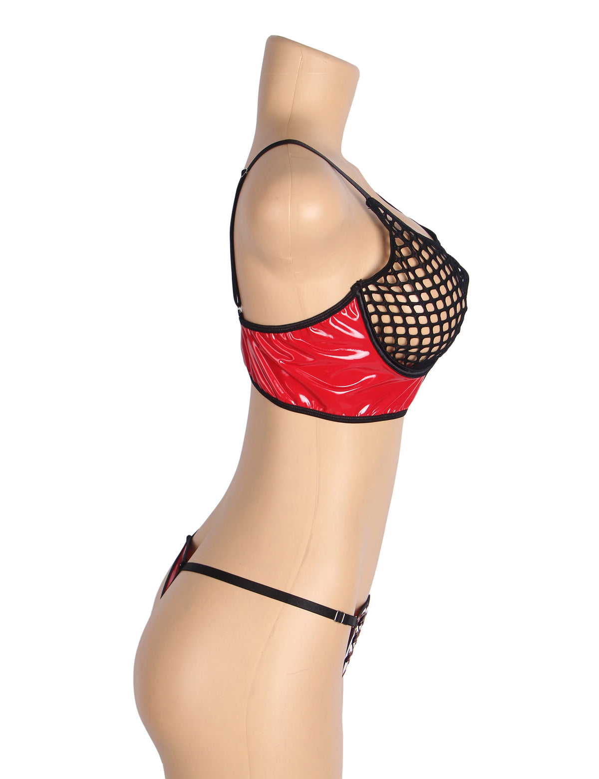 Red Sexy Patent Leather Mesh Zippered Bra Set