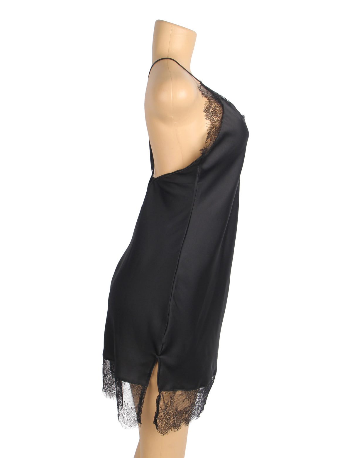 Black Sexy Satin Eyelash Lace Suspender Nightdress
