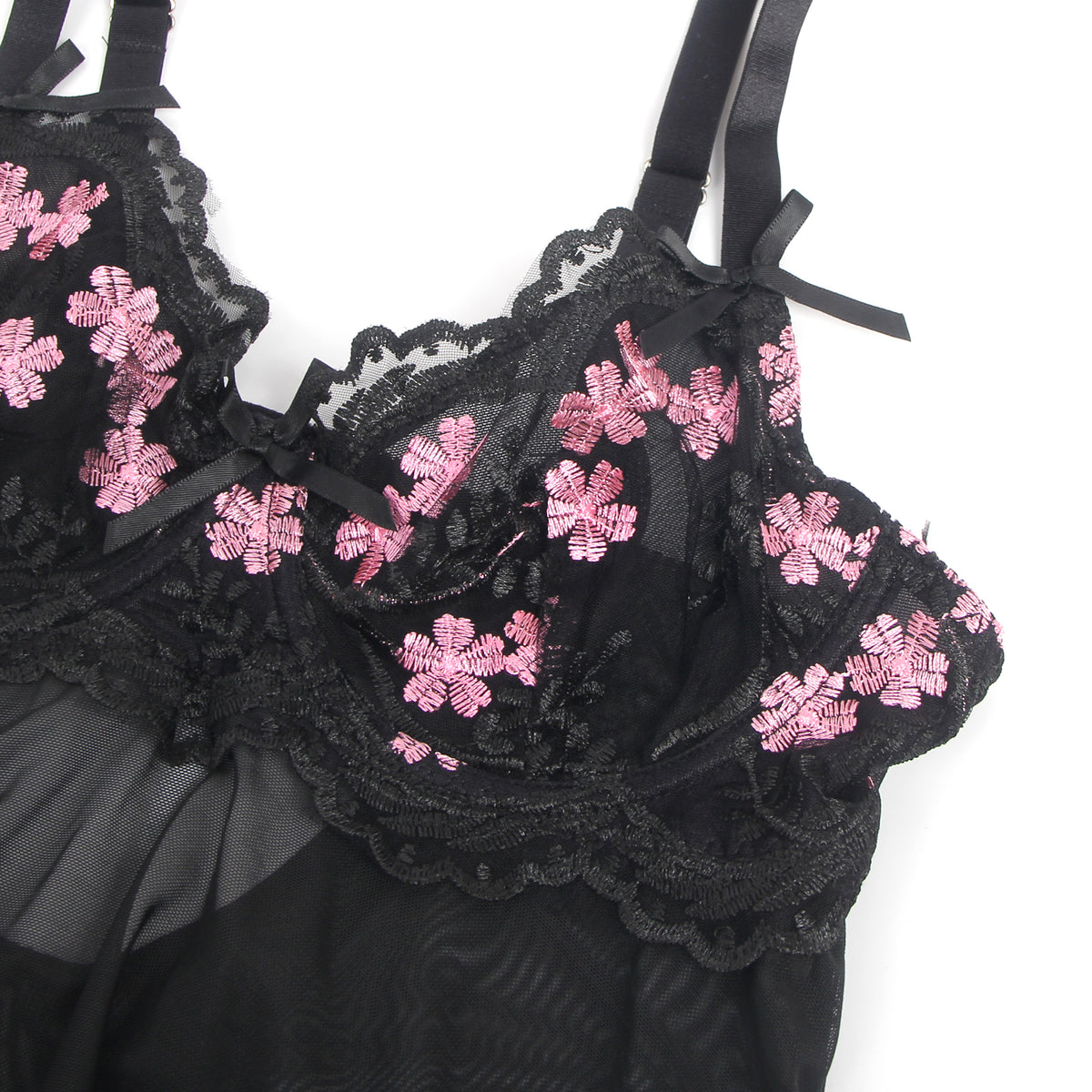 Black Sexy Mesh Embroidery Lace Lift Bra Suspender Nightdress