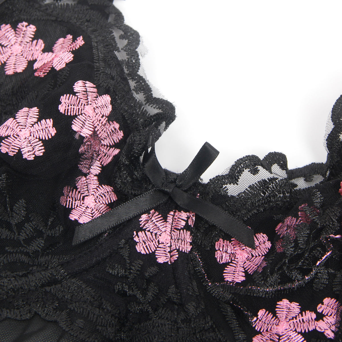 Black Sexy Mesh Embroidery Lace Lift Bra Suspender Nightdress