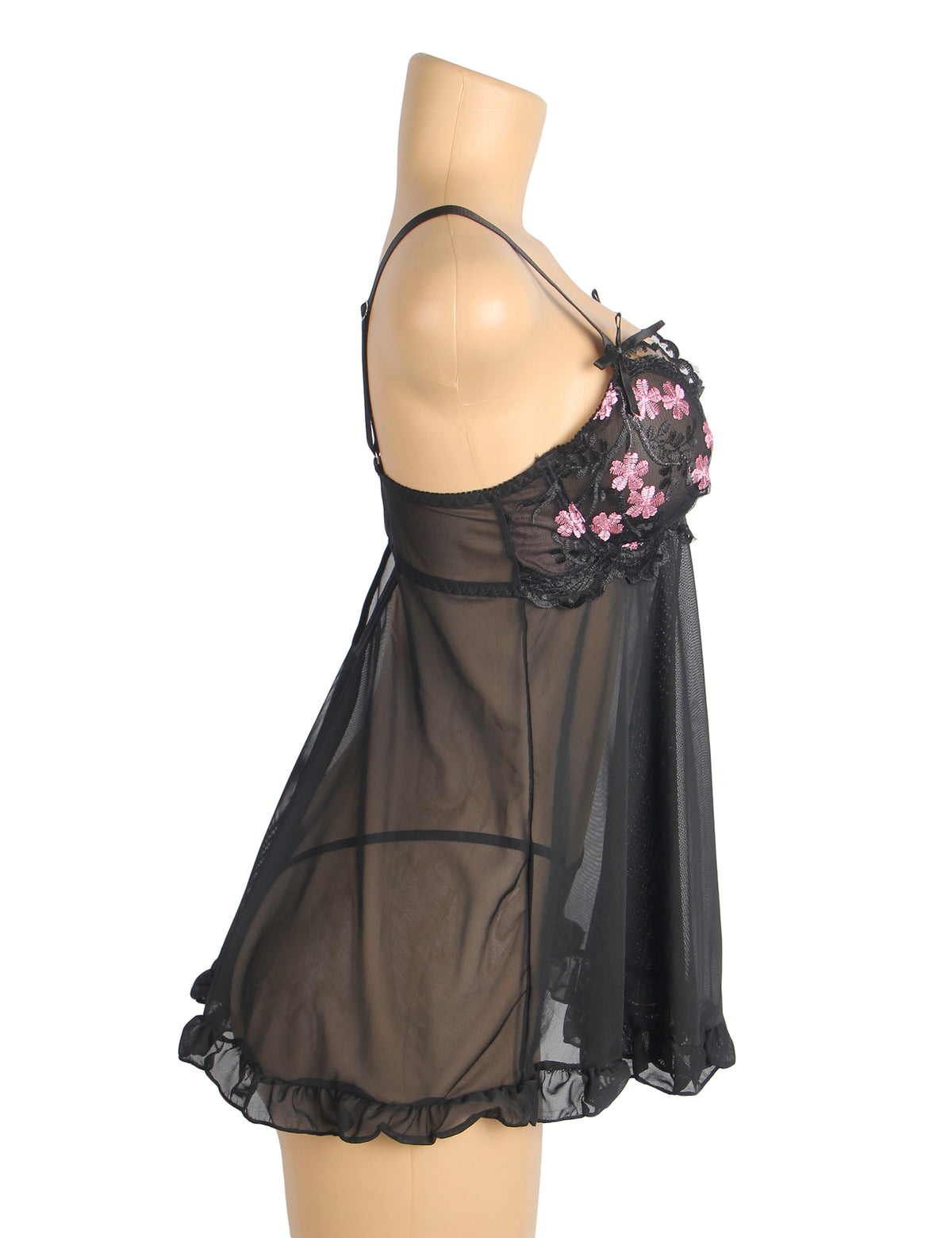 Black Sexy Mesh Embroidery Lace Lift Bra Suspender Nightdress