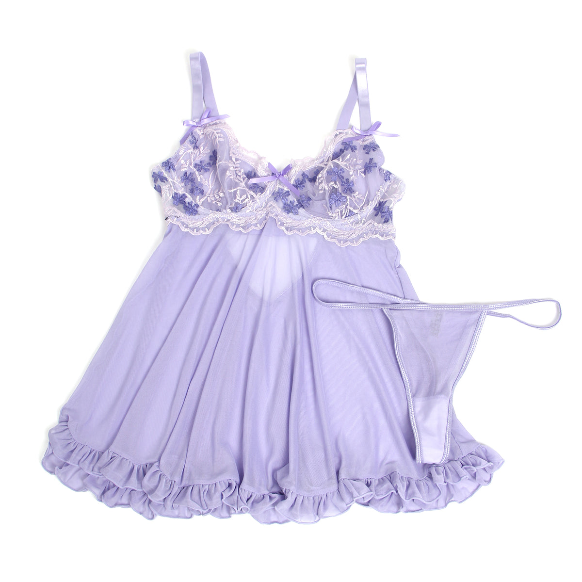 Purple Sexy Mesh Embroidery Lace Lift Bra Suspender Nightdress