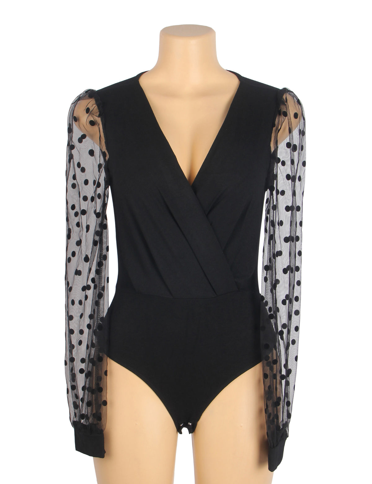 Black Sexy Deep V Neck Polka Dot Mesh Long Sleeves Open Crotch Bodysuit