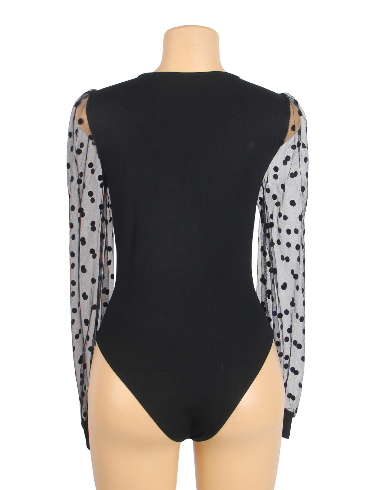 Black Sexy Deep V Neck Polka Dot Mesh Long Sleeves Open Crotch Bodysuit