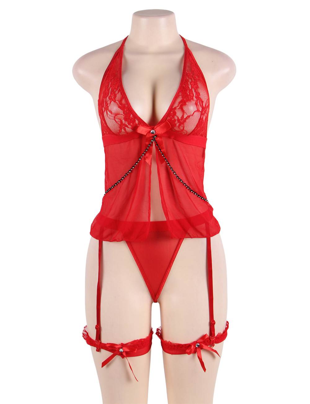 Red Sheer Tie Front Mesh Babydoll Lingerie Set 2 colours