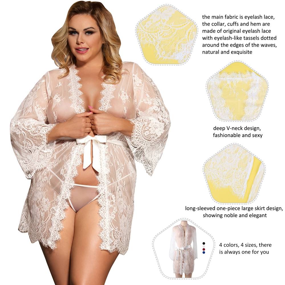 Sexy Long Sleeve Short Sleepwear with Thong White Plus Size