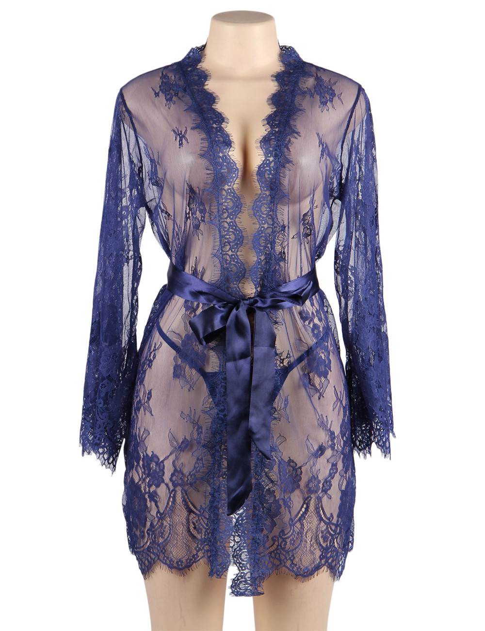 Sexy Long Sleeve Short Sleepwear with Thong Blue Plus Size