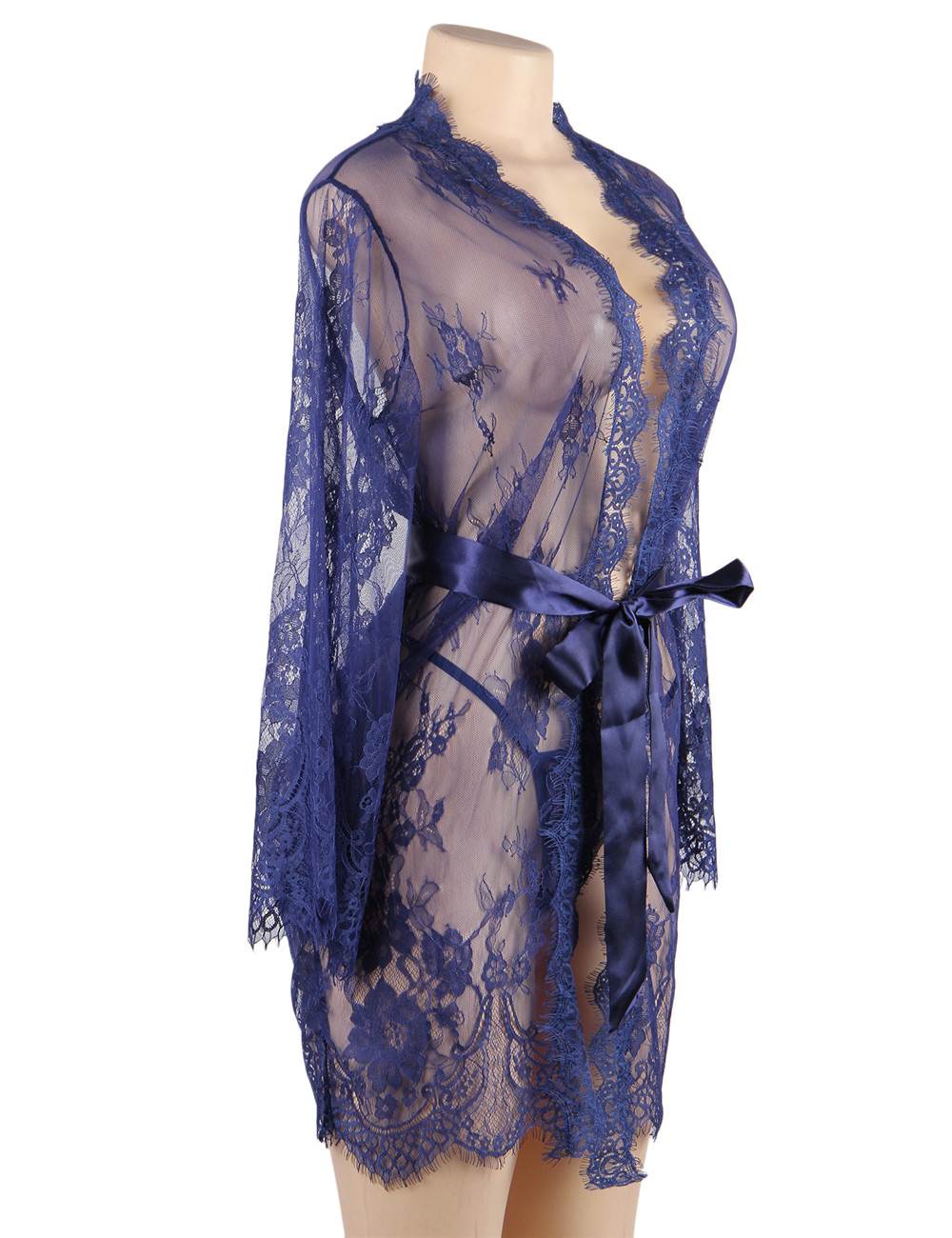 Sexy Long Sleeve Short Sleepwear with Thong Blue Plus Size