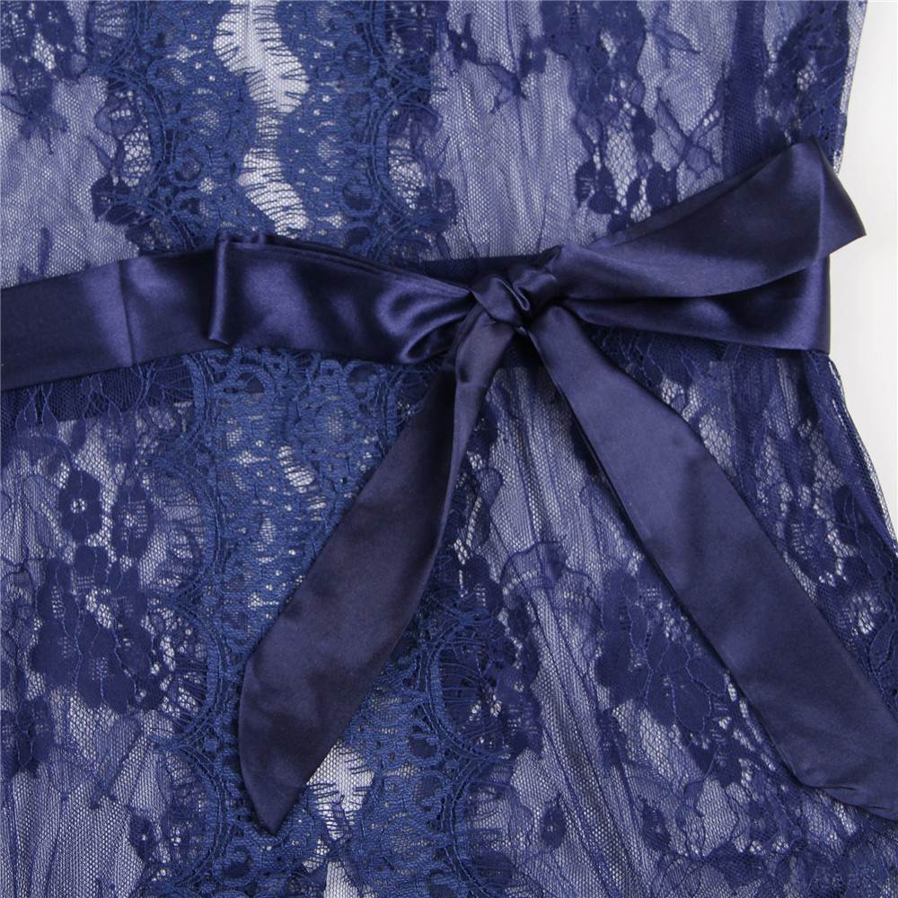 Sexy Long Sleeve Eyelash Lace Short Sleepwear with Thong blue