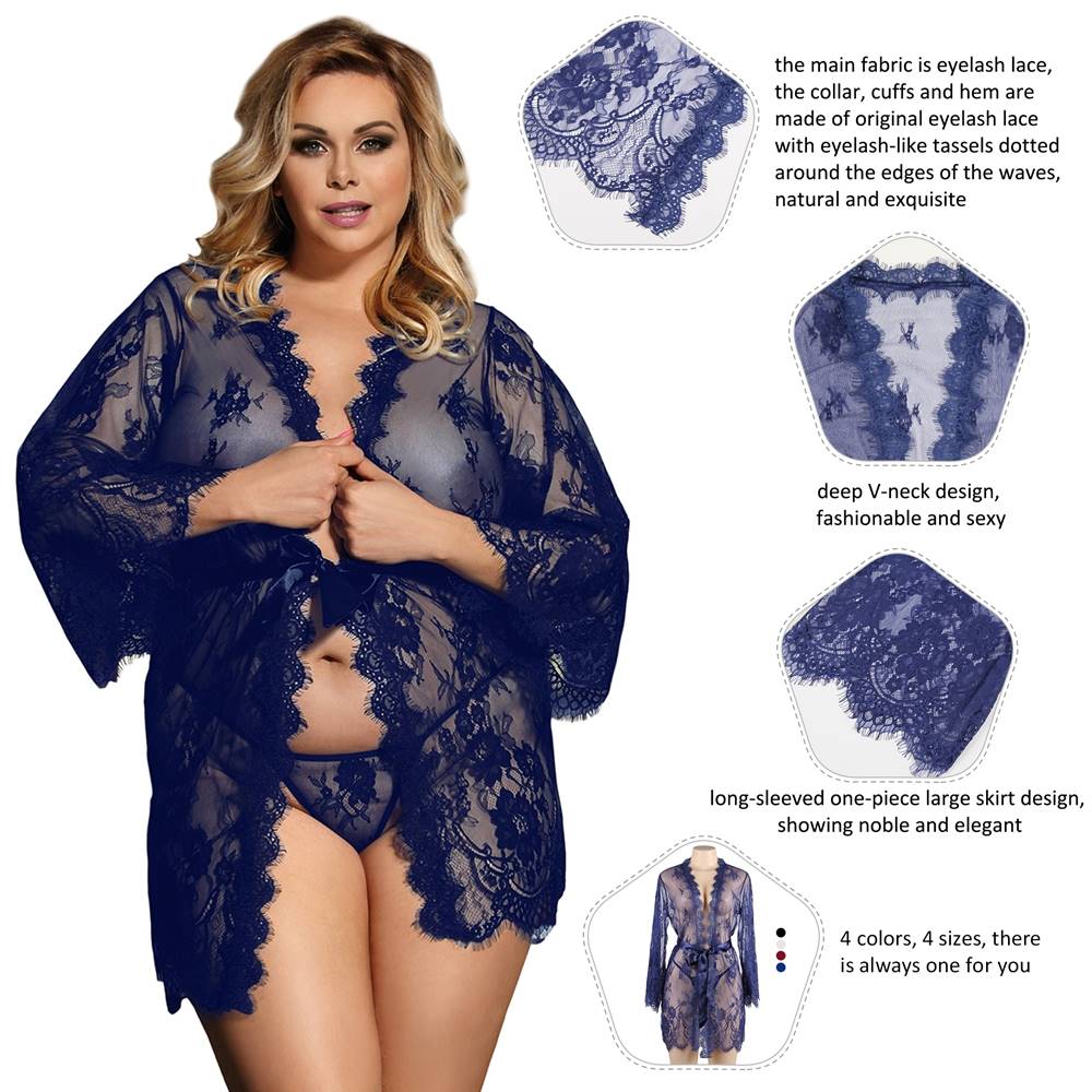 Sexy Long Sleeve Eyelash Lace Short Sleepwear with Thong blue