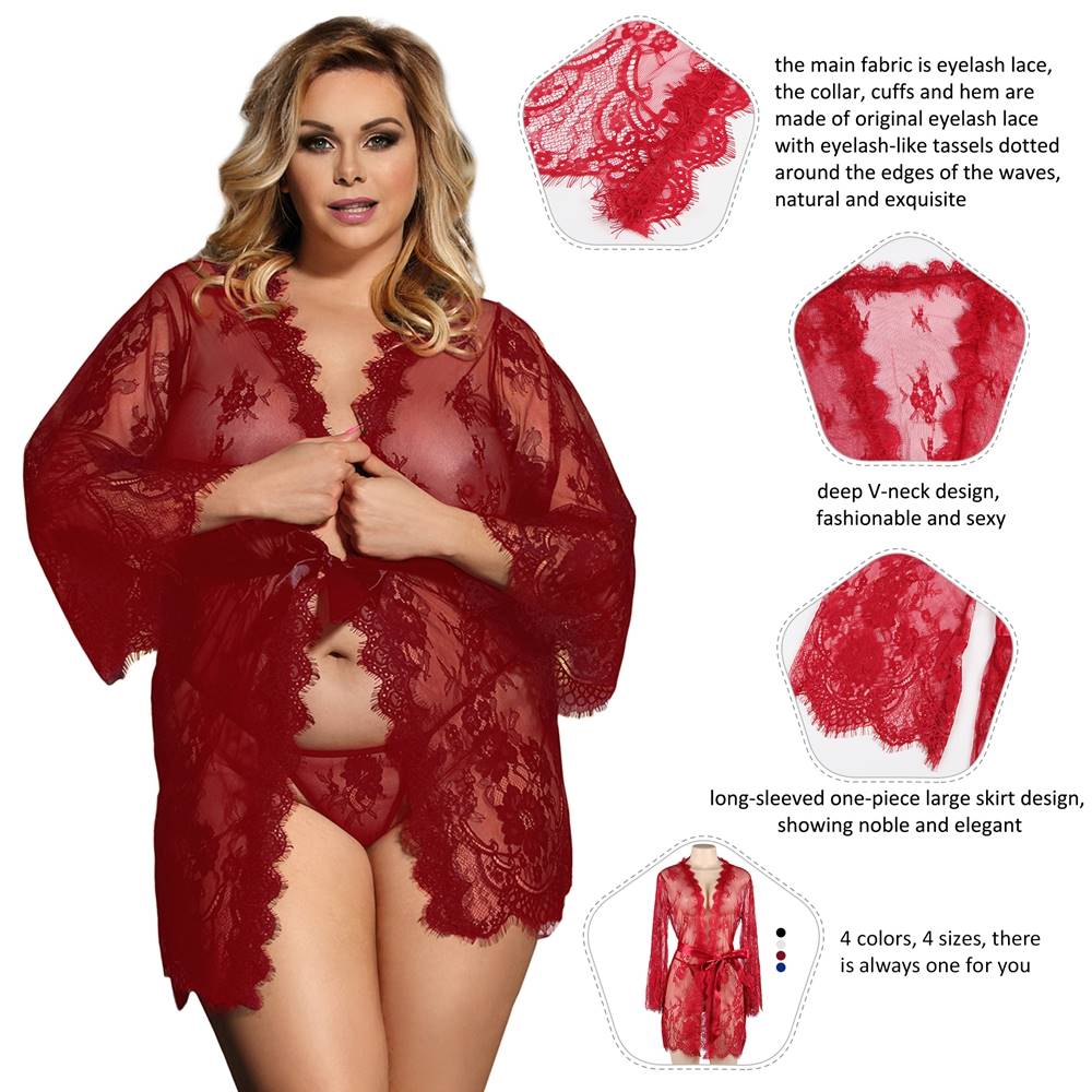 Sexy Long Sleeve Eyelash Lace Short Sleepwear with Thong Red