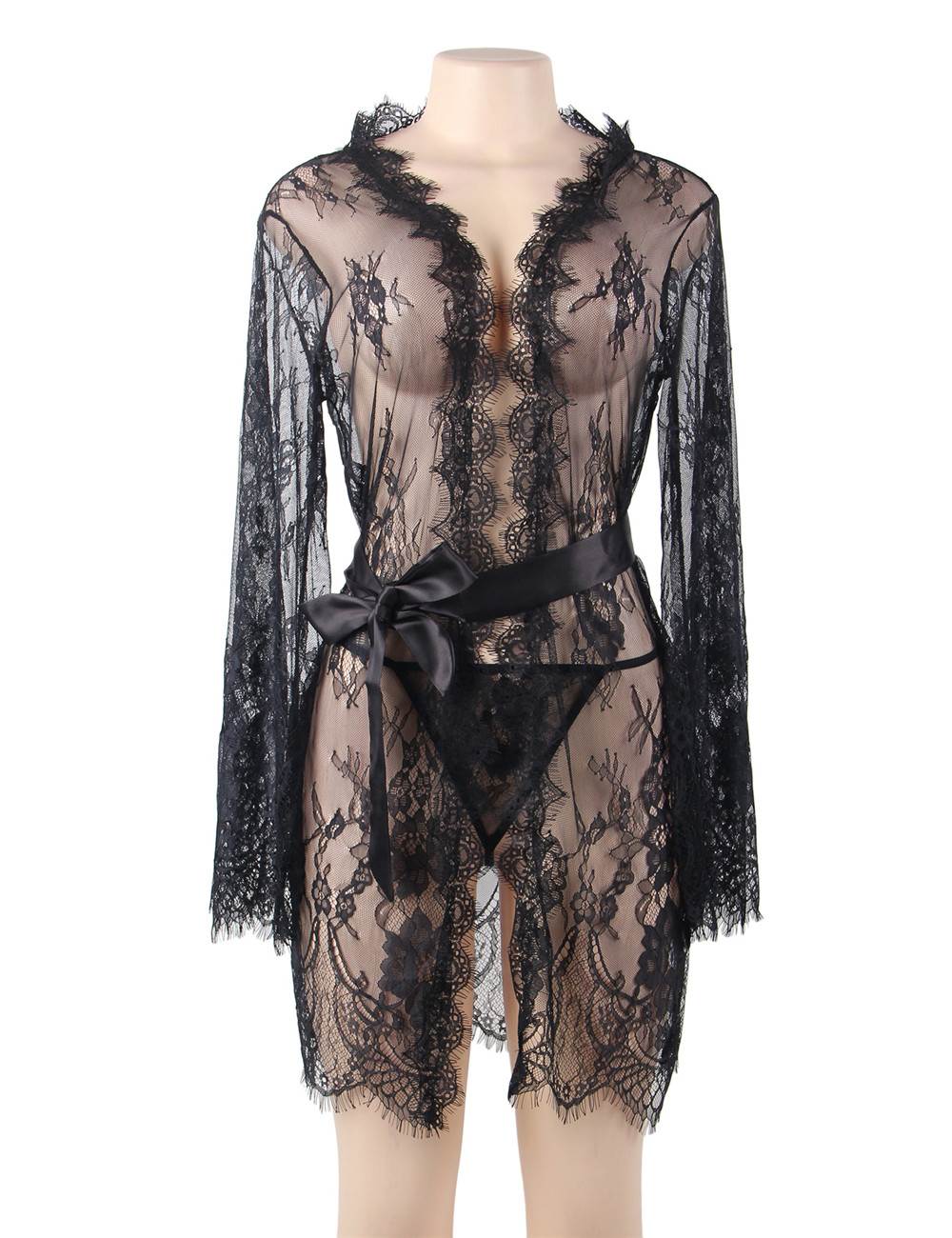 Sexy Long Sleeve Eyelash Lace Short Sleepwear with Thong