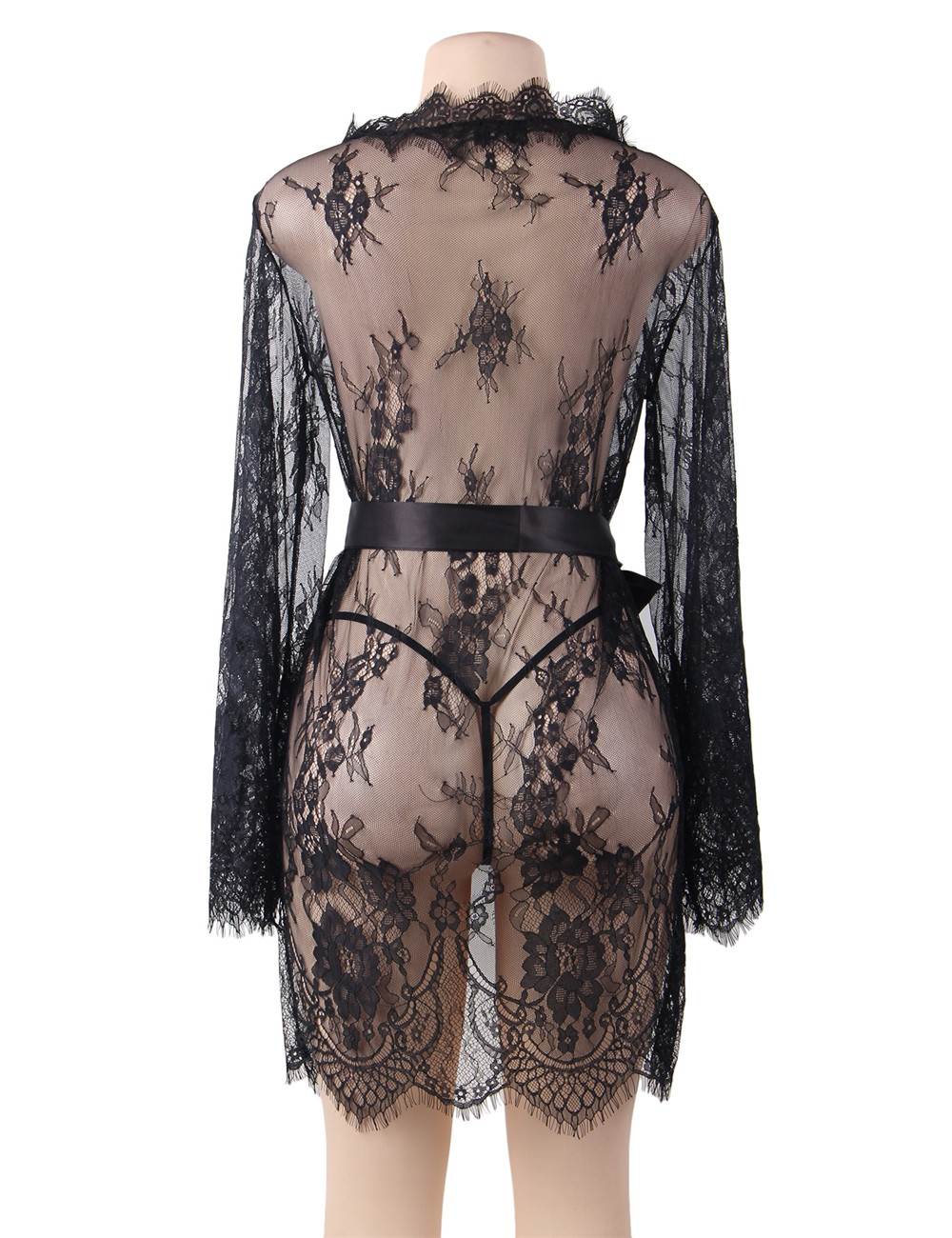 Sexy Long Sleeve Eyelash Lace Short Sleepwear with Thong
