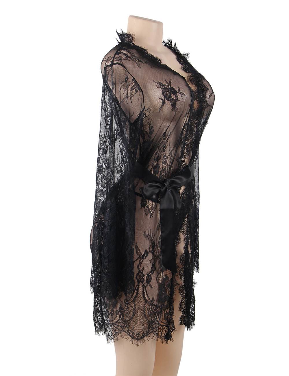 Sexy Long Sleeve Eyelash Lace Short Sleepwear with Thong