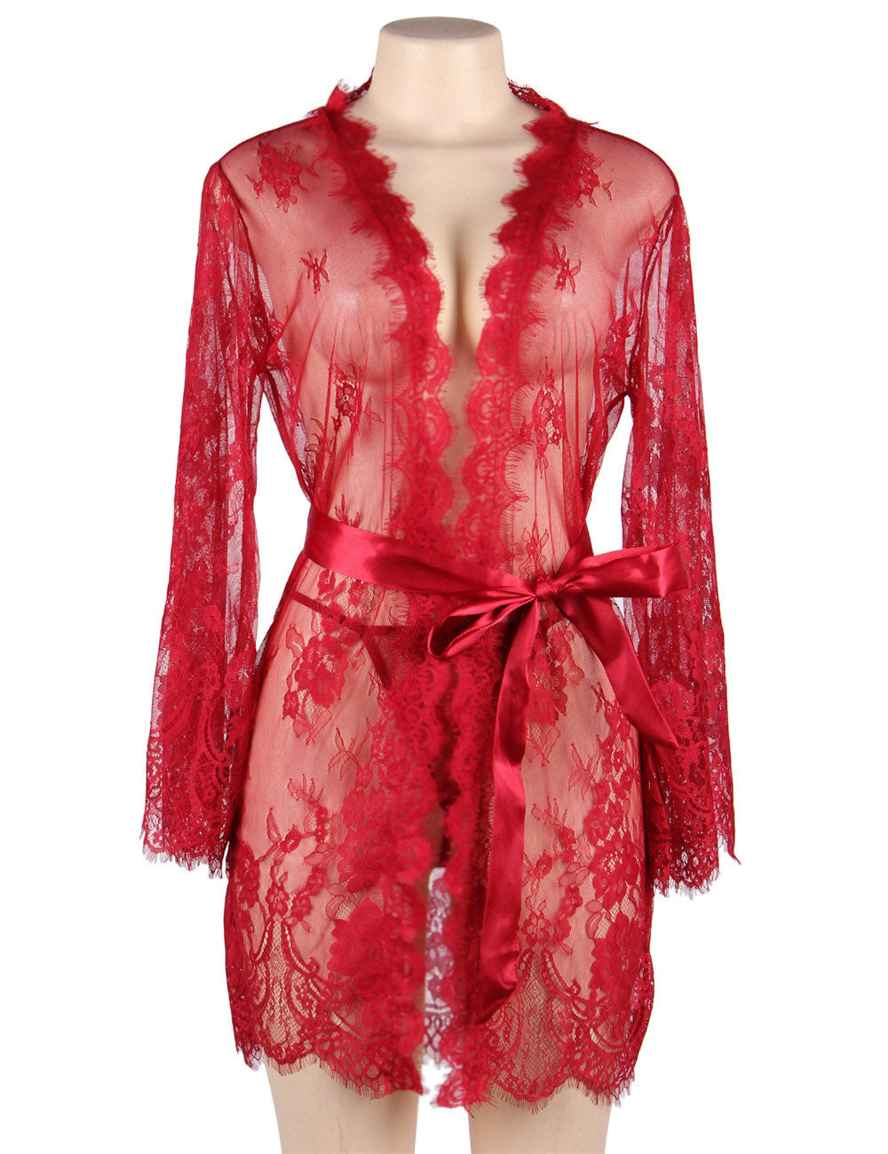 Sexy Long Sleeve Eyelash Lace Short Sleepwear with Thong Red